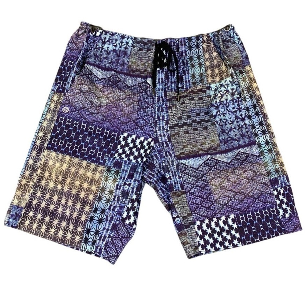 Manduka Yoga Shorts Mens Large Purple Blue Patchwork Geometric Stretch